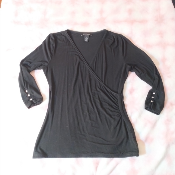 WHBM Black Faux Wrap black 3/4 sleeve top - Picture 6 of 7